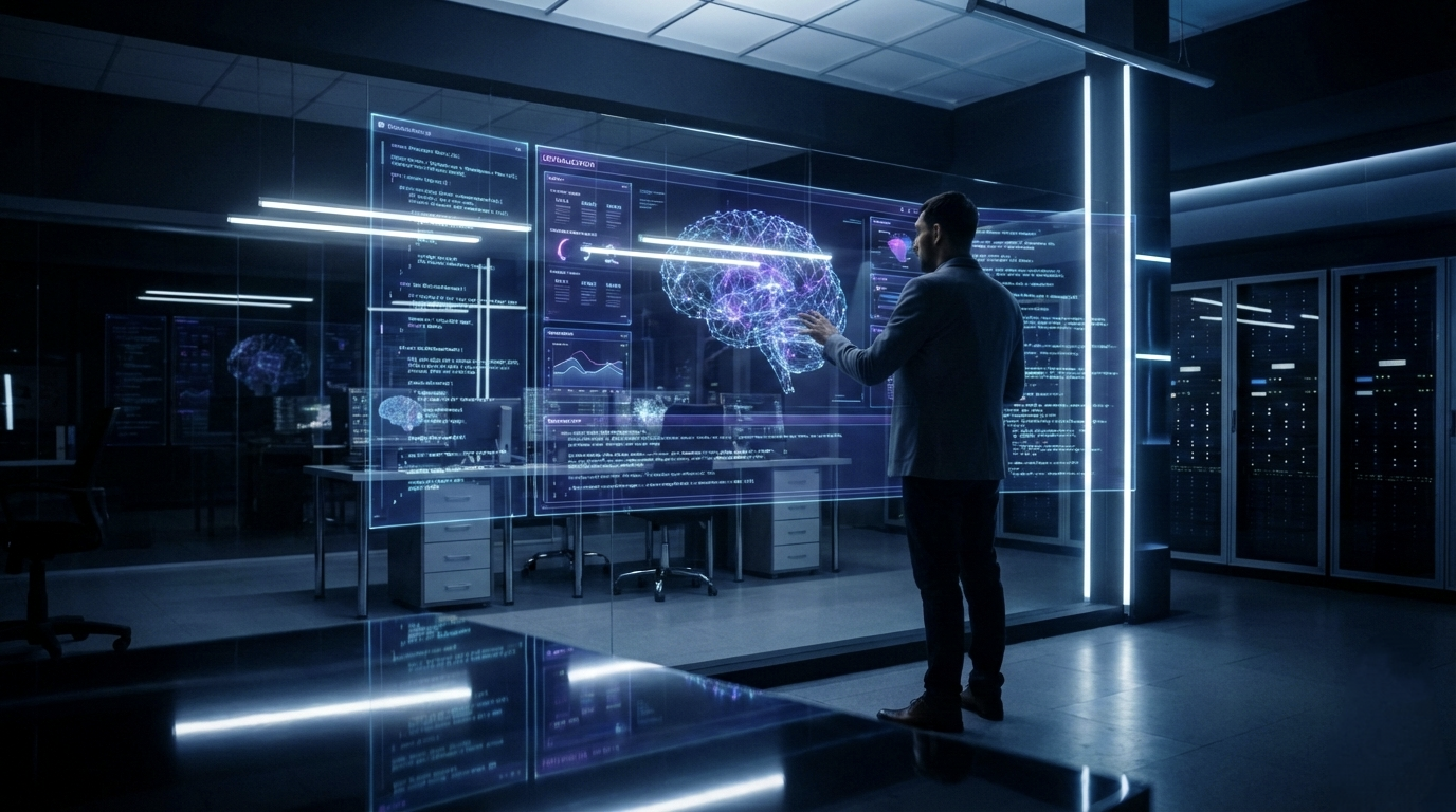 Futuristic innovation lab with glass UI interfaces representing enterprise technology